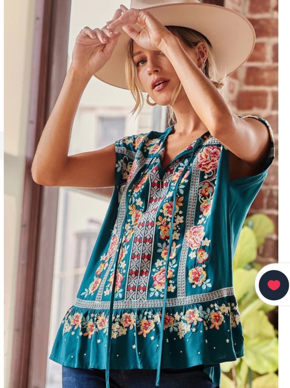 SAVANNAH JANE flowy rayon EMBROIDERED TOP summer boho garden TEAL GREEN large - Picture 6 of 6